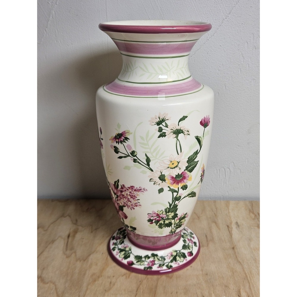 Laura Ashley Home FTD Floral Ceramic Vase Pink Green Flowers 10" Made in China
